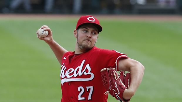 Sep 14, 2020; Cincinnati, Ohio, USA; Cincinnati Reds starting pitcher Trevor Bauer (27) throws against the Pittsburgh Pirates in the first inning during Game One of a doubleheader at Great American Ball Park. Mandatory Credit: David Kohl-USA TODAY Sports